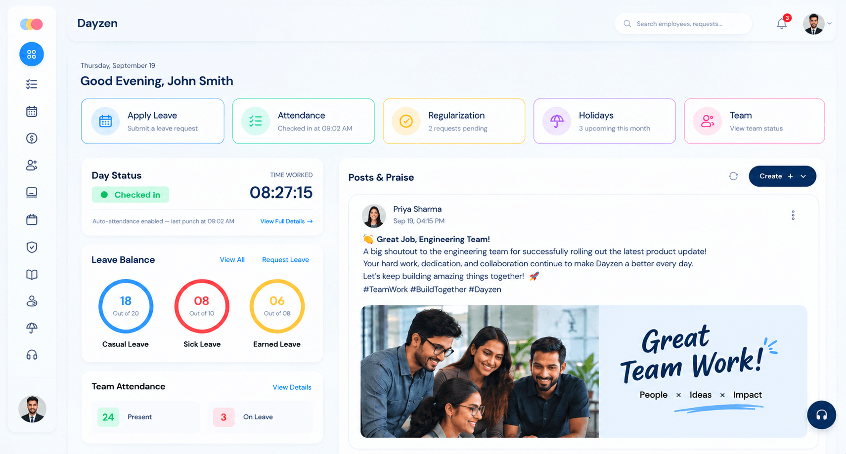 Dayzen HRMS dashboard showing day status, leave balance, team attendance, and Posts & Praise feed